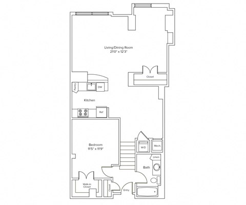 Floor plan for 1 bed, 1 bath, 839 sqft